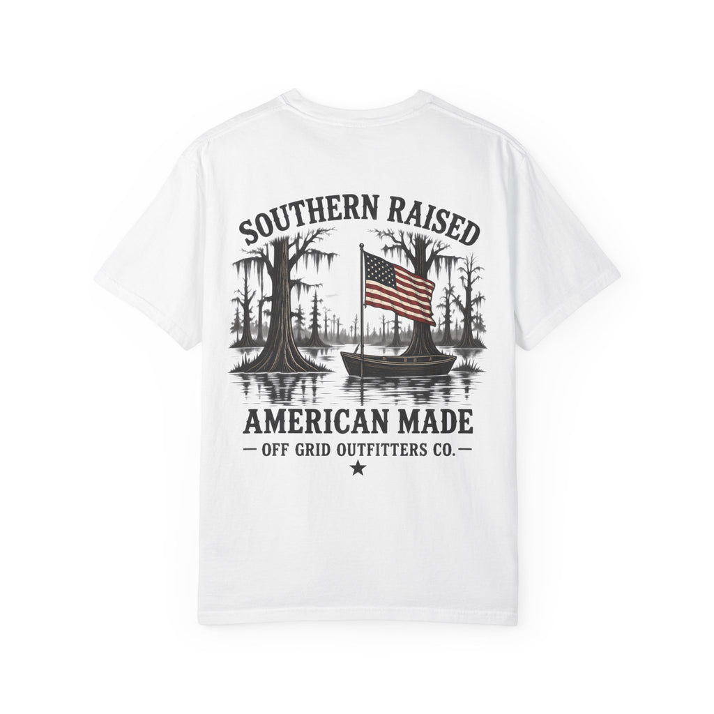 Southern Raised American Made T-Shirt — Patriotic Swamp Fishing Graphic
