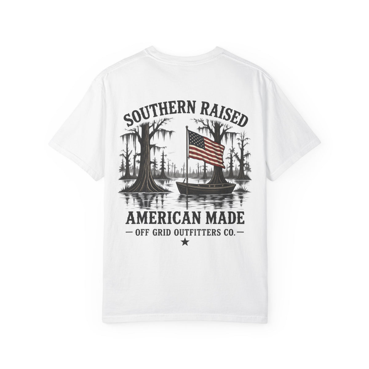 Southern Raised American Made T-Shirt — Patriotic Swamp Fishing Graphic