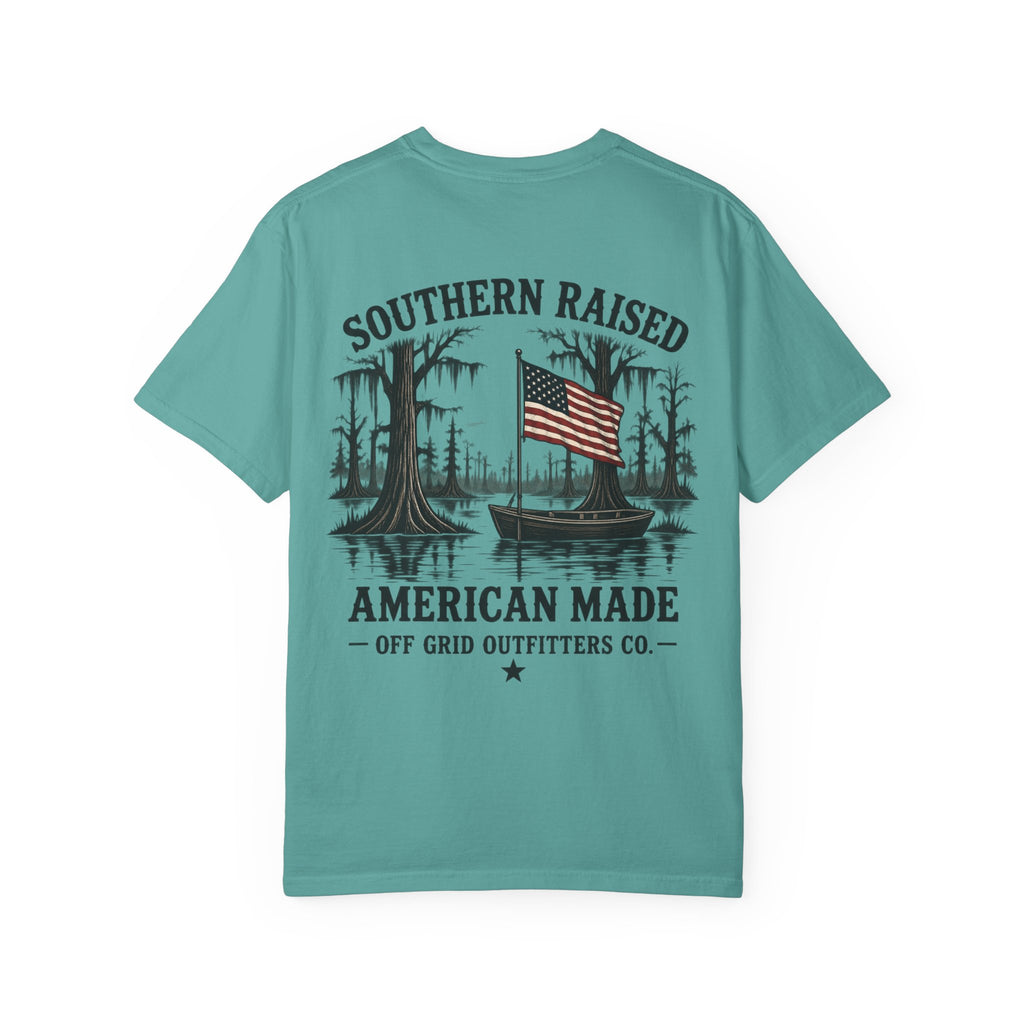 Southern Raised American Made T-Shirt — Patriotic Swamp Fishing Graphic