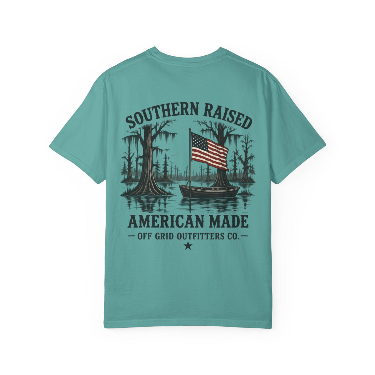 Southern Raised American Made T-Shirt — Patriotic Swamp Fishing Graphic