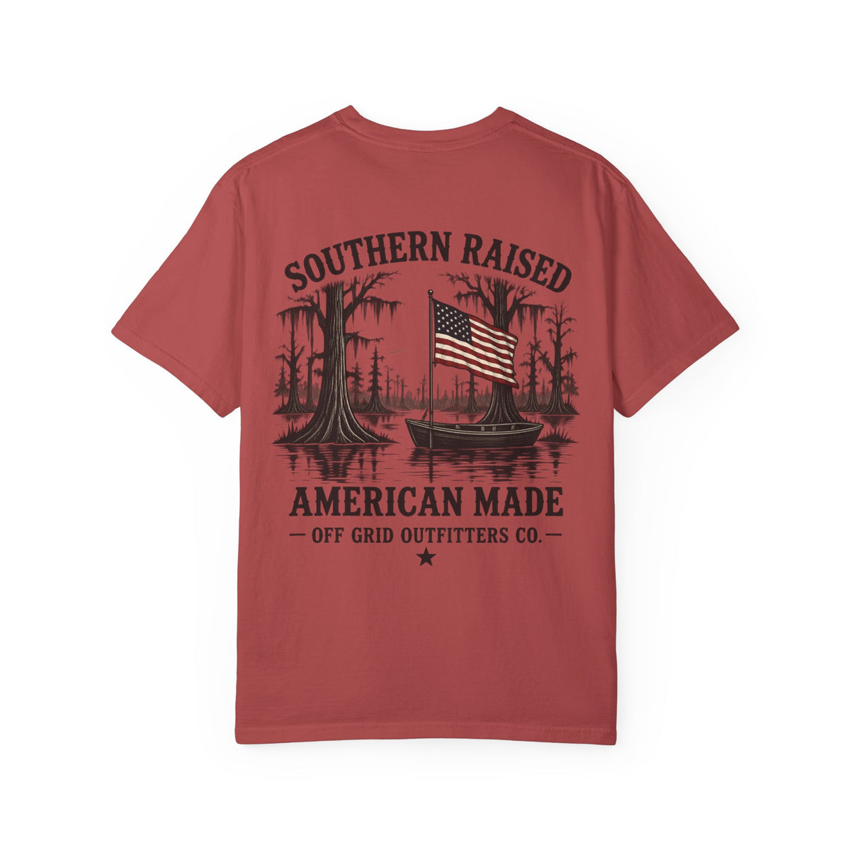 Southern Raised American Made T-Shirt — Patriotic Swamp Fishing Graphic